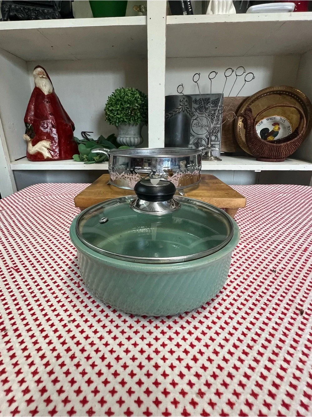 Vintage oven proof USA stoneware dish with metal holder grandma core cookware